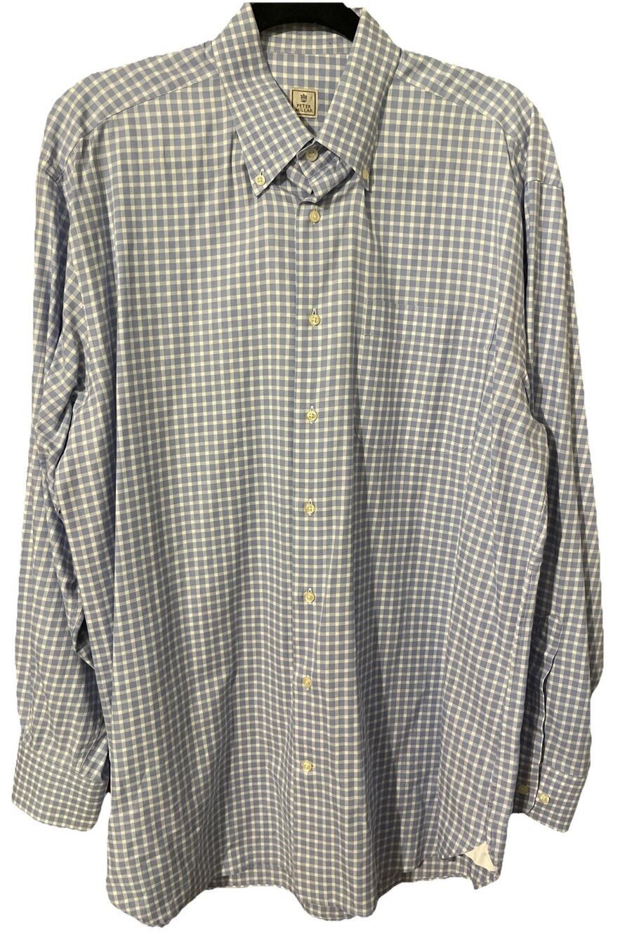Peter Millar Mens XL Blue White Gingham Summer Comfort Long Sleeve Dress Shirt